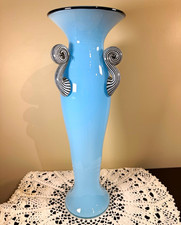 Dehanna Jones Hand Blown Art Glass Vase Blue w/ Black Rim Swirl Handles 17” picture