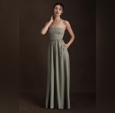 BHLDN Elsie Straight-Neck Satin A-Line Gown in Moss Green. picture