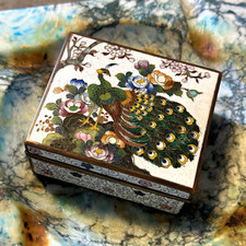 Antique Japanese Cloisonne Enamel Box Peacock Floral Meiji Era Trinket Box picture