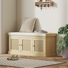 HOMCOM Shoe Bench with Rattan Doors, Cushion, Entryway Shoe Storage, Oak picture