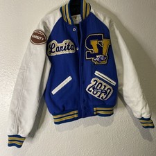 Vintage Custom Blue White Varsity Letterman Jacket SV Class of 2019 Patches picture