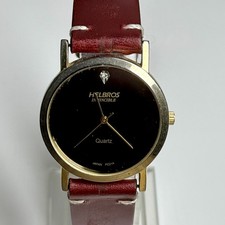 Vintage Helbros Watch Mens Gold Tone Case Black Diamond Dial Red Leather New Bat picture