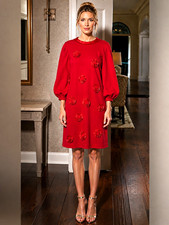 tyler böe Red 3D Floral Crew Neck Balloon Sleeve Shift Knee Length Dress L picture