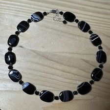 Vintage Artisan Bead Necklace 18 Inch Botswana Black Agate 925 Sterling 51.0g picture