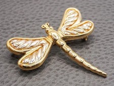 Vintage Dragonfly Brooch with Textured Wings Two Tone Gold Tone Silver Tone picture