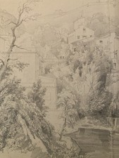 Antique Drawing Amelie Les Bains Landscape 1860 Original French School Drawing Old picture