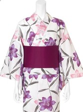 Japanese Yukata Set Women Cotton Kimono Summer Festival Lily Pink Obi Belt picture