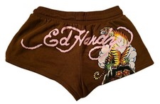 Ed Hardy Brown/Pink Tiger Dragon Tattoo Graphics Rear Spellout Micro Shorts XS picture