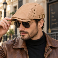 Men's Genuine Leather Flat Cap Studded Adjustable Strap Ivy Driving Newsboy Tan picture
