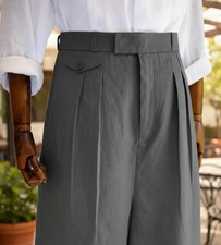 1940s Style Linen Trousers - High Waist Double Pleated Mens Pants picture
