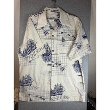 Vintage Reyn Spooner Hawaiian Shirt Mens Large Nautical Ship Map Aloha Cream picture