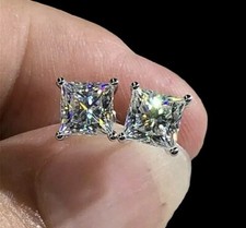 2 Ct Princess Cut VVS1/D Lab Created Stud Earrings 14k White Gold 6mm Push Back picture