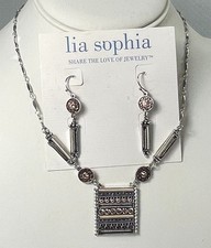 Lia Sophia Elemental Necklace Earrings Set Geometric Crystal Silver Tone Pink picture