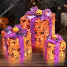 Lighted Halloween Gift Boxes - 3-Piece Set with Bat, Spider Web & Pumpkin Print, picture