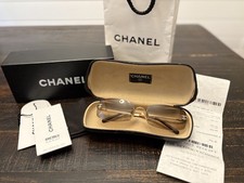 Vintage CHANEL Rimless Sunglasses 4093-B Brown Gold Rhinestone CC Logo 56-16-130 picture