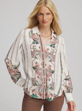 Chico’s Silky Classic Fit Shirt Sz 2.5 14 L - XL Viscose Ecru Brown Floral picture