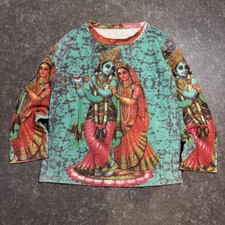 Radha Krishna Graphic Long Sleeve T-Shirt Green All Over Print Hindu Art Y2K picture