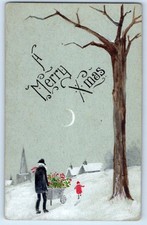 c1910's Christmas Man Pushing Wheelbarrow Berries Winter Hand Drawn Art Postcard picture