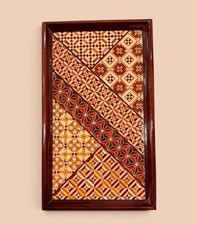 Vintage 70’s Japanese Hakone Yosegi Wood Mosaic Tray Mitsubishi Electric 9.5” picture