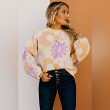 (A10) NWOT So Me Yellow Purple Pastel Flower 3D Pom Pom Bomber Sweater Top S picture