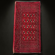 VINTAGE TRIBAL HANDWOVEN WOOL RUG BAGFACE RED GEOMETRIC 45”Lx24”W picture