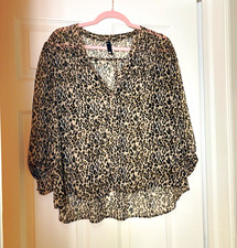 Ava & Viv Women’s Leopard Chiffon V-Neck Bell Sleeve Ruffle Top picture