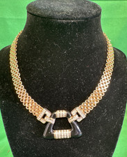 Vintage Signed Panetta Art Deco Revival Necklace, Black Enamel Geometric Pendant picture