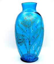 Antique Bohemian Blue Glass Vase Hand Blown Enameled Art Nouveau 10