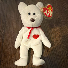 Ty Beanie Babies White Bear Plush w/ Red Heart & Ribbon Vintage 1999 picture