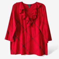 LRL RALPH LAUREN Red Plaid Top Shirt RUFFLE V-NECKLINE Cotton Modal Knit 2X picture