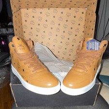 MCM Men's Leather Logo Lace-Up Sneakers Brown/White US 10 New w/ Box picture