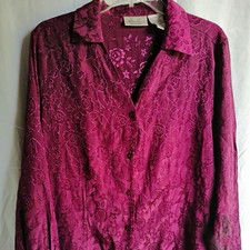 Kathy Lee Woman Floral Jacquard Button-Up Blouse, Burgundy, 18W/20W picture