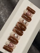 ✨ CUSTOM Press On Nails Brown Nude  HELLO KITTY  BLING  10p SET W Kit picture