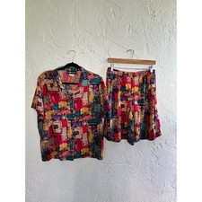 Vintage Sag Harbor 2 Piece Shorts Set Abstract Patchwork Print Size M picture