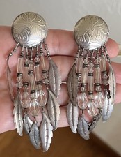 Vtg 4” TABRA 1980s Sterling Silver Earrings Feather Austrian Crystals Chandelier picture
