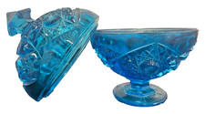 Vintage Kemple blue Glass Hobstar Pedestal Compote bowl Candy Dish & Lid uranium picture
