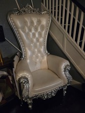 White & Gold Baroque/Rococo Tufted Upholstered High Back Throne Chair picture