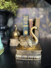 TWO Antique-Gold Art Deco Swan On Vintage Books Bookends Swans Shelf 2 Book Ends picture