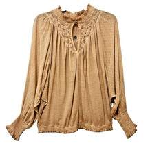 GIMMICK By BKE Beige Tan High Neck Key Hole Blouse Victorian Inspired Boho L NWT picture