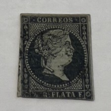 RARE 1850's SPAIN IMPERF STAMP QUEEN ISABEL II BLACK picture