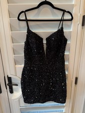 Jovani Black Sequin V-Neck Spaghetti Strap Mini Dress Women’s Size 14 picture
