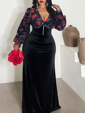 Plus Size Velvet Deep V Floral Maxi 1XL–3XL Retro Elegant Winter Chic picture