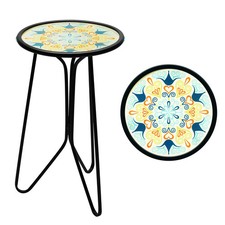 G128 12 in Round Glass Outdoor Side Table Green Mandala Pattern Plant Stand picture