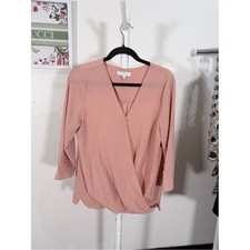 New Directions Blush Pink Faux-Wrap V-Neck Blouse 3/4 Sleeve Top L picture