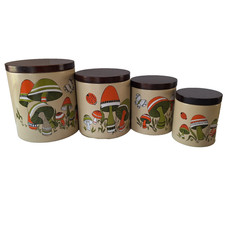 Vintage 1970s Ransburg Mushroom Butterfly Canister Set 4 Wood Lids MCM picture