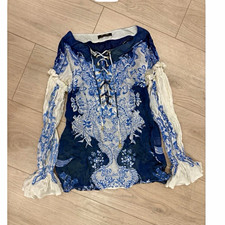 Roberto Cavalli Blue White Floral Silk Lace-Up Woven Blouse Long Sleeve EU 42 picture
