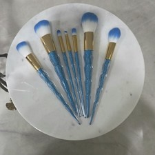 7pcs Blue Glitter Unicorn Handle Makeup Brushes – Shiny, Soft Bristles,... picture
