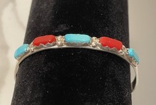 VINTAGE Navajo Sterling Silver Turquoise & Coral Cuff Bracelet Signed NASTACIO picture