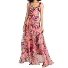Theia Raisa Watercolor Floral Organza Ruffle Gown Size 4 NWOT picture