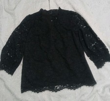 NEW Talbots Black Lined Floral Lace Ruffle Neck Rhinestone Button Blouse  SMALL picture